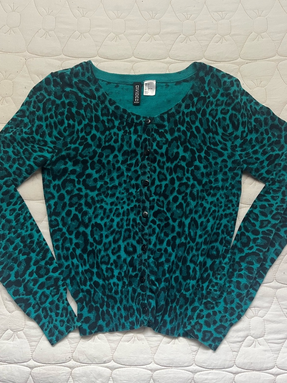 H&M Teal and Black Leopard Print Button Cardigan